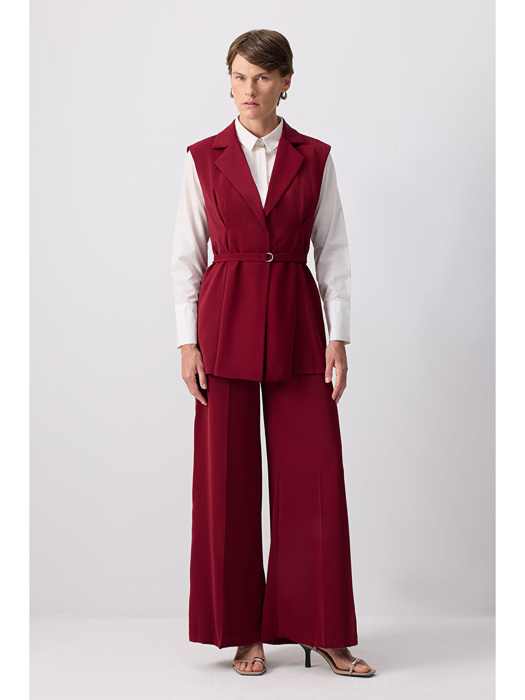 Bordo Pileli Kruvaze Yelek Pantolon Takım-5