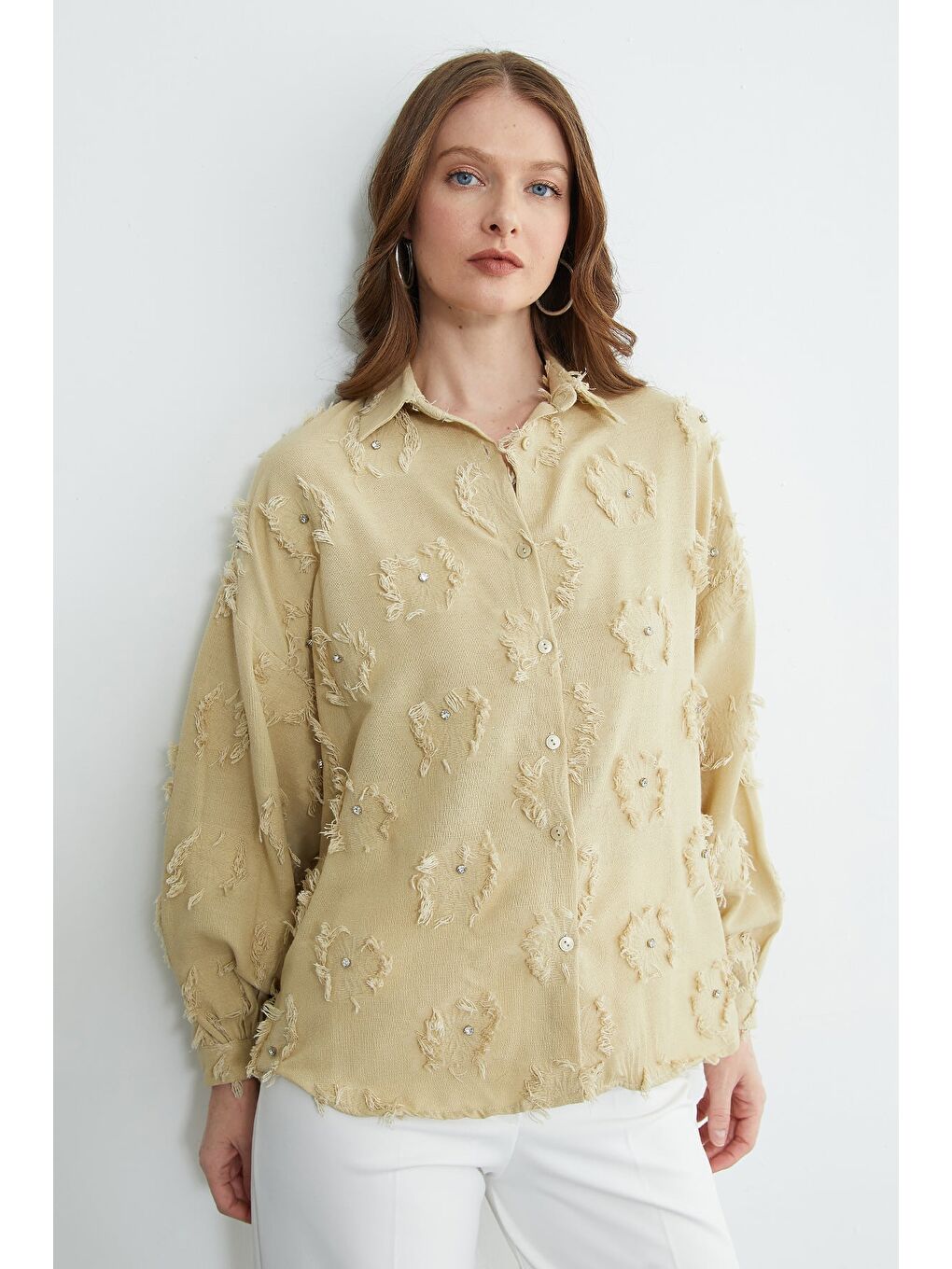 Yeşil Püsküllü Taş işlemeli Salaş Gömlek-4