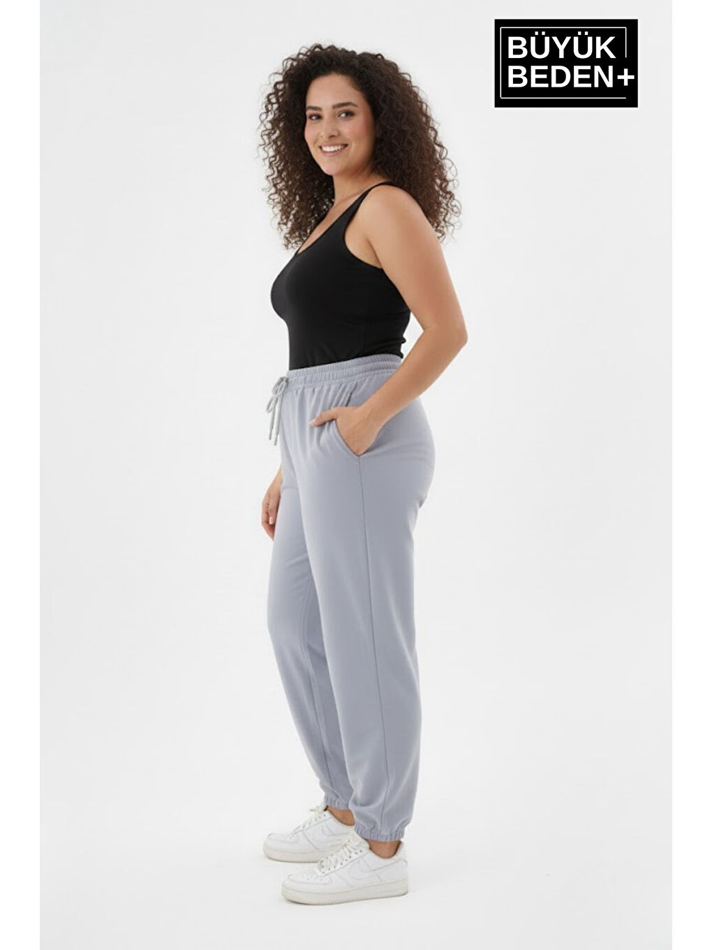 Gri Kadın Büyük Beden Paça Lastikli İki İplik Rahat Kalıp ince Eşofman Altı SPR26BEAK951-3