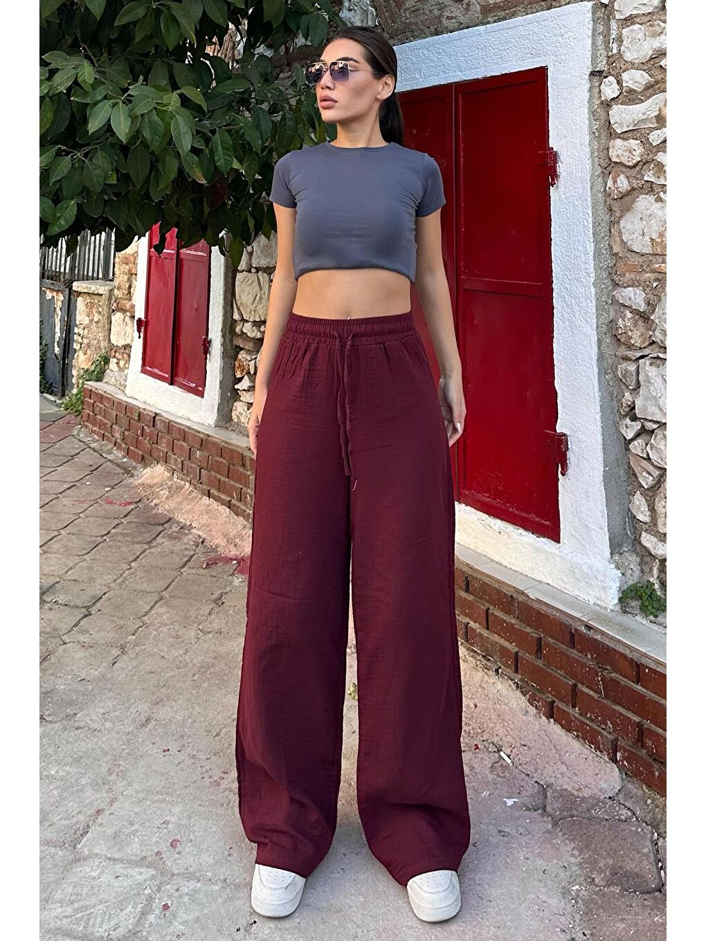 Bordo Bol Paça Müslin Kadın Pantolon Mg1980-2