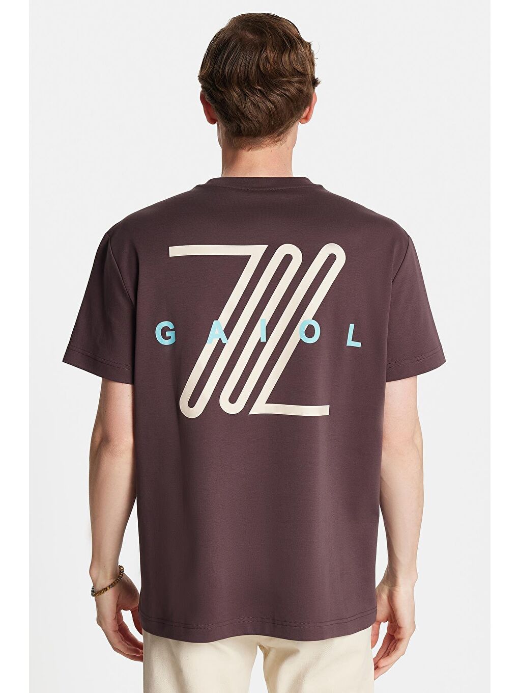 Relax Fit Rahat Kesim Pamuklu Ön Ve Arka Baskı Detaylı Bisiklet Yaka Kahverengi Erkek Tişört-4