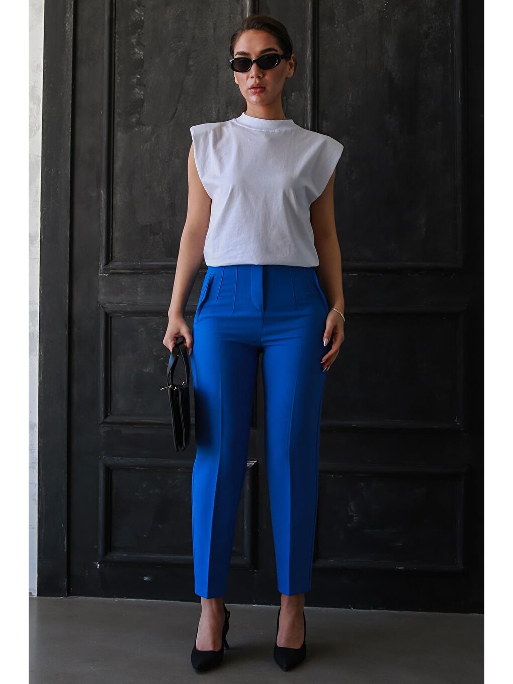 Mavi Saks Önü Biyeli Yüksek Bel Kadın Pantolon Mg2425-5
