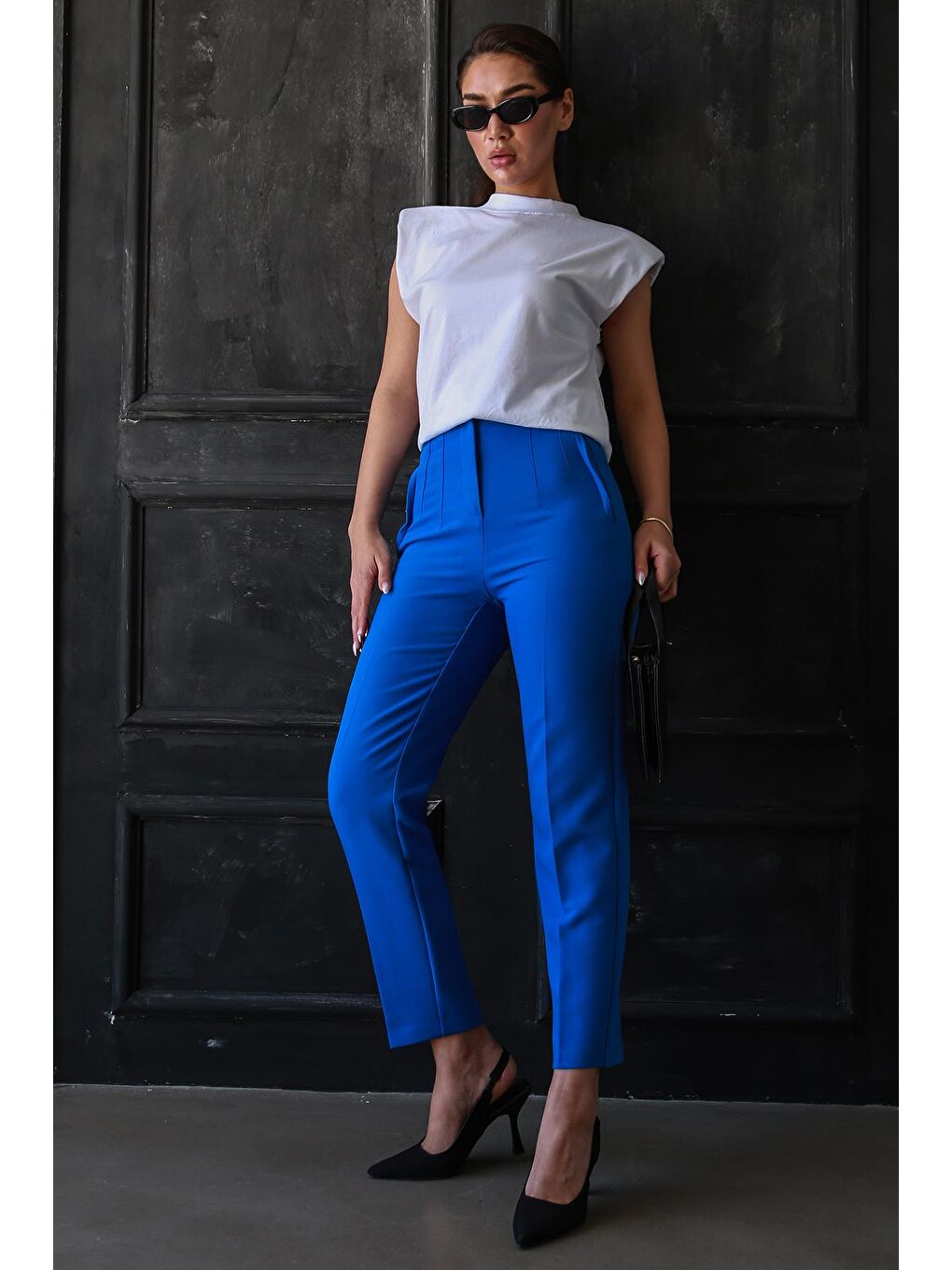 Mavi Saks Önü Biyeli Yüksek Bel Kadın Pantolon Mg2425-6