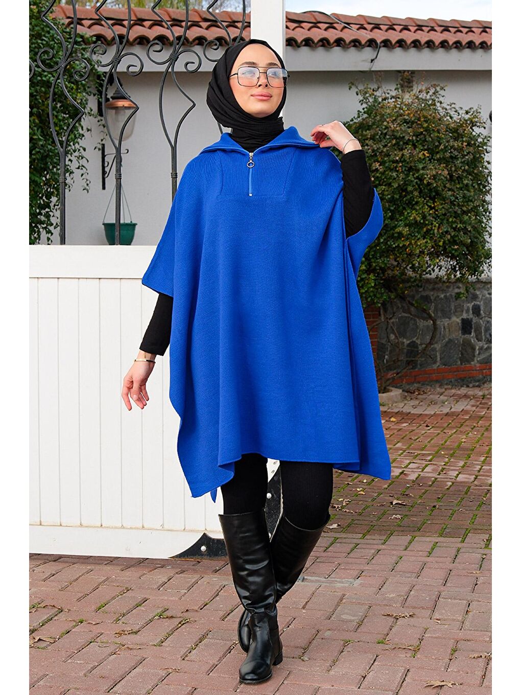 Önü Fermuarlı Panço Saks Mavi-1