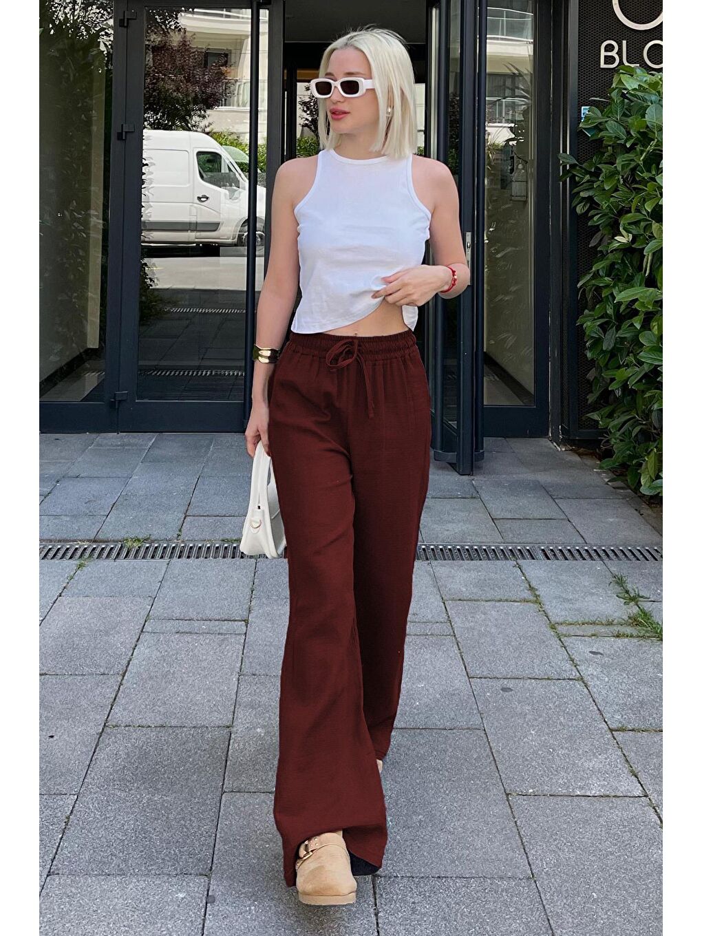 Bordo Bol Paça Müslin Kadın Pantolon Mg1980-4