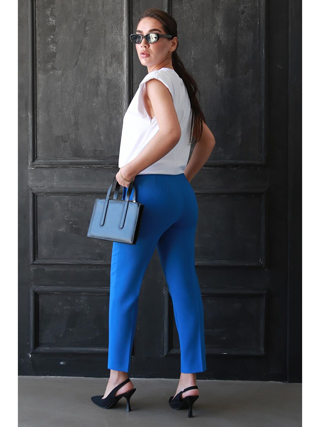 Mavi Saks Önü Biyeli Yüksek Bel Kadın Pantolon Mg2425-7