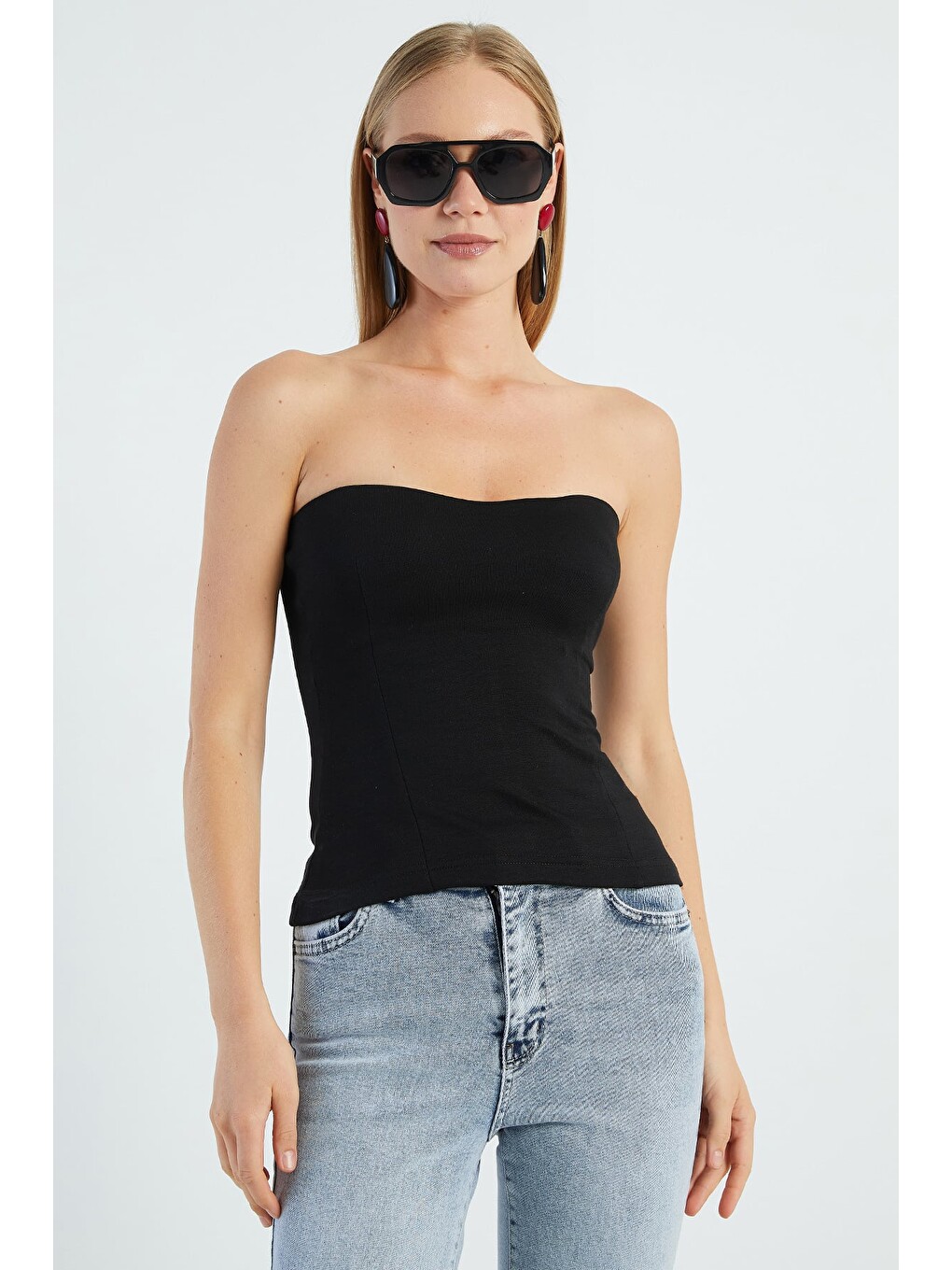 Siyah Basic Straplez Yaka Kaplı Bluz-1