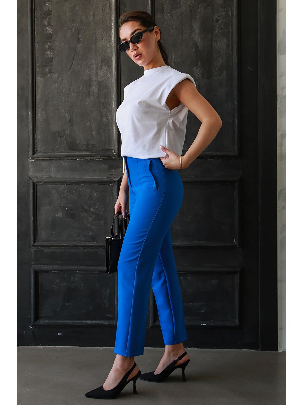 Mavi Saks Önü Biyeli Yüksek Bel Kadın Pantolon Mg2425-8