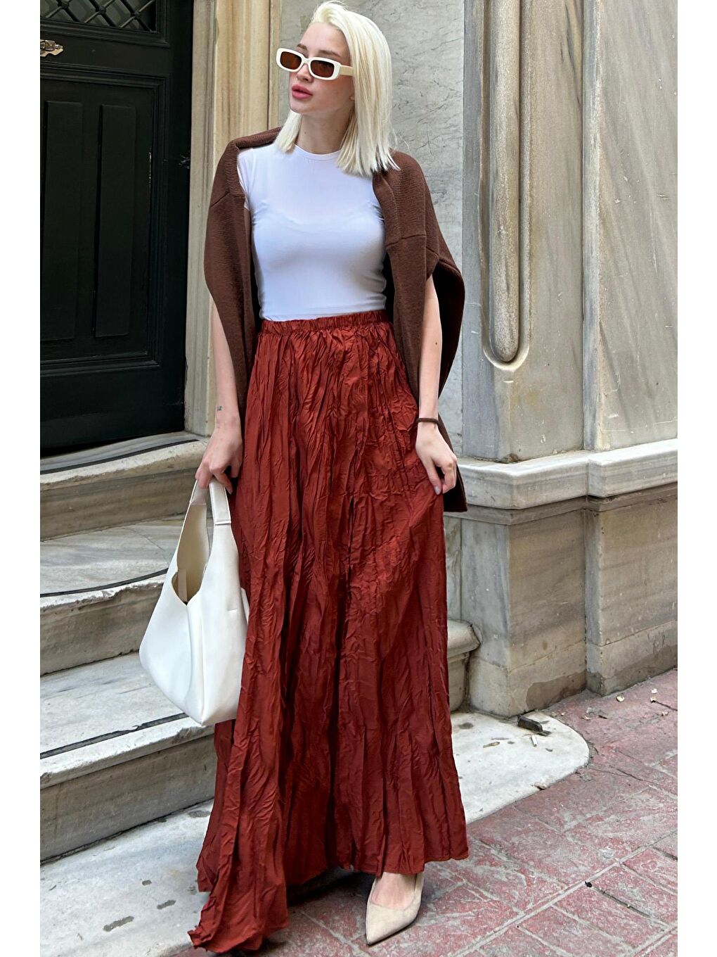 Bordo Beli Lastikli Buruşuk Mikro Uzun Kadın Etek Mg2155-1