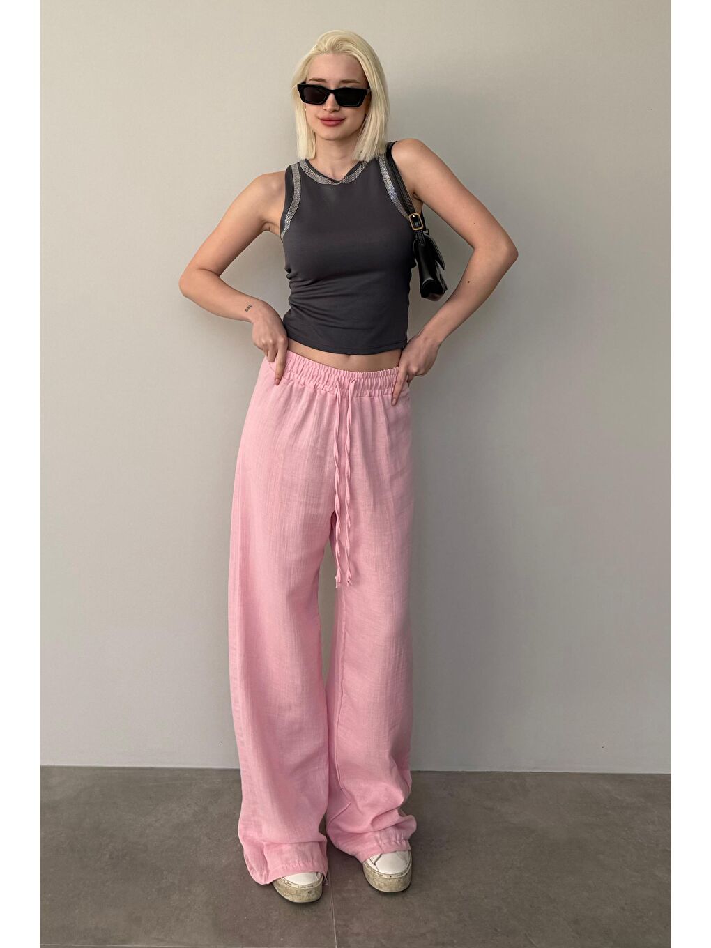 Pembe Bol Paça Müslin Kadın Pantolon Mg1980