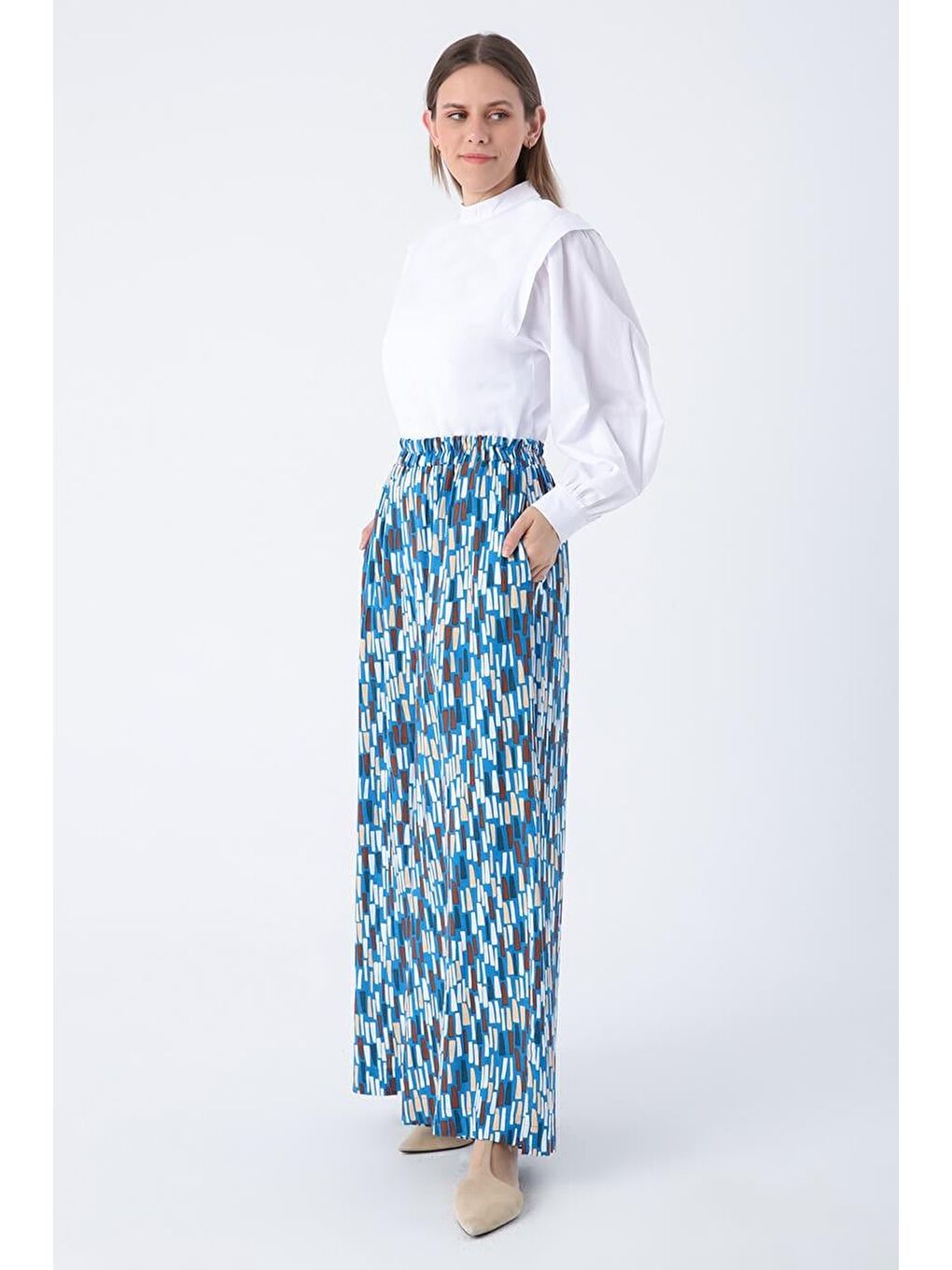 Koyu Mavi-Ekru-Baskılı Paçası Yırtmaçlı Beli Lastikli Wide Leg Viskon Keten Pantolon-3