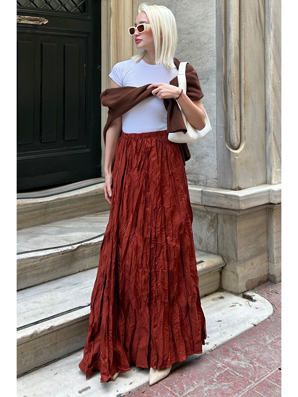 Bordo Beli Lastikli Buruşuk Mikro Uzun Kadın Etek Mg2155-2