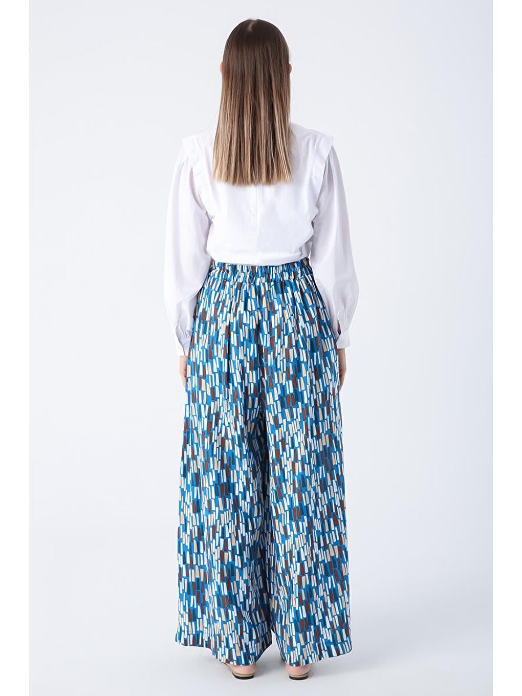 Koyu Mavi-Ekru-Baskılı Paçası Yırtmaçlı Beli Lastikli Wide Leg Viskon Keten Pantolon-4