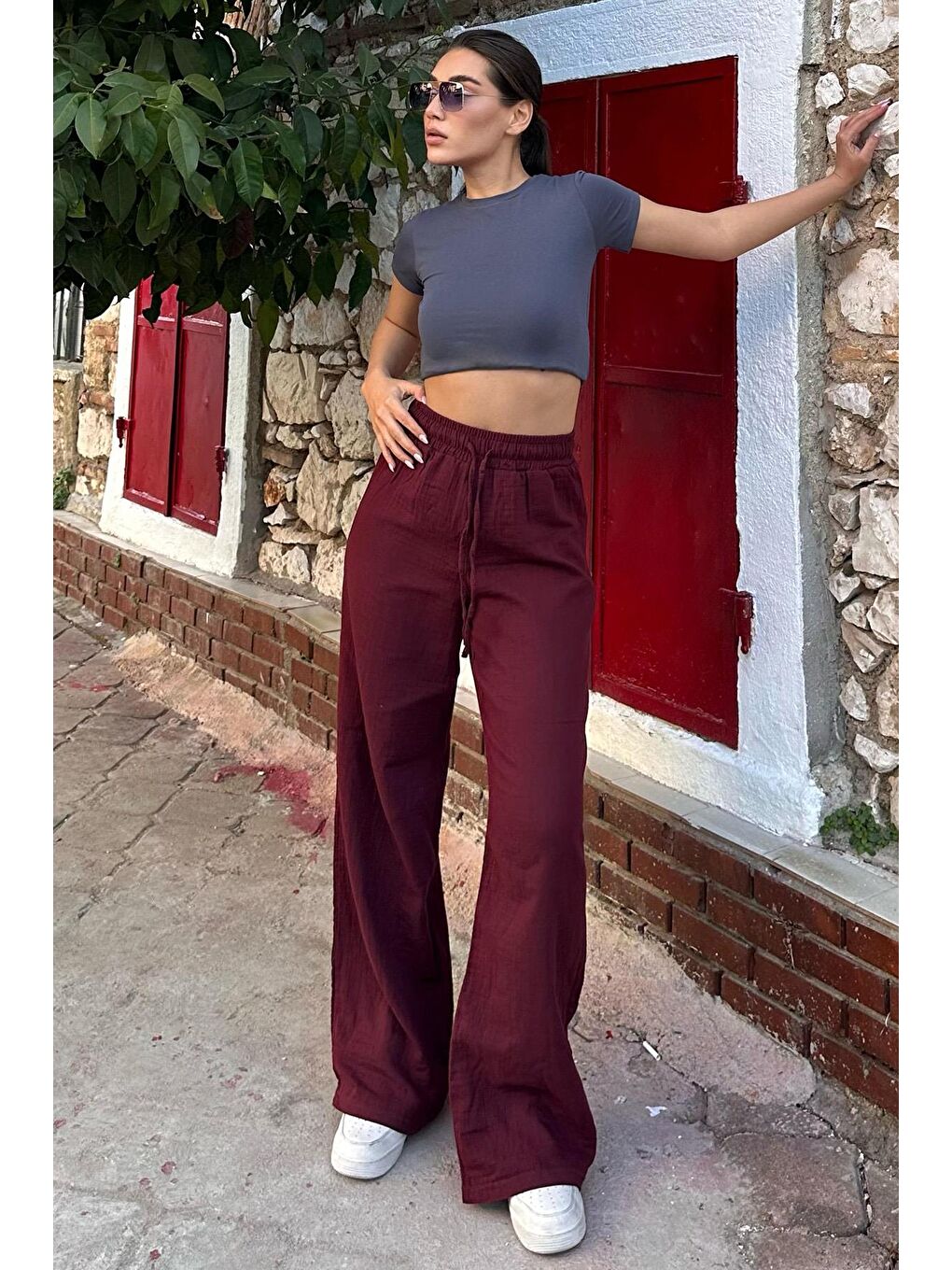 Bordo Bol Paça Müslin Kadın Pantolon Mg1980-5