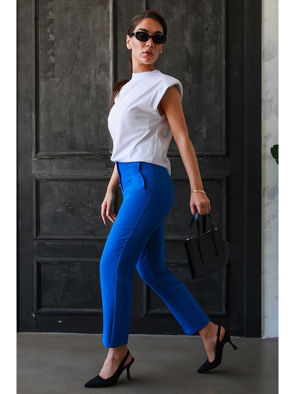 Mavi Saks Önü Biyeli Yüksek Bel Kadın Pantolon Mg2425-9