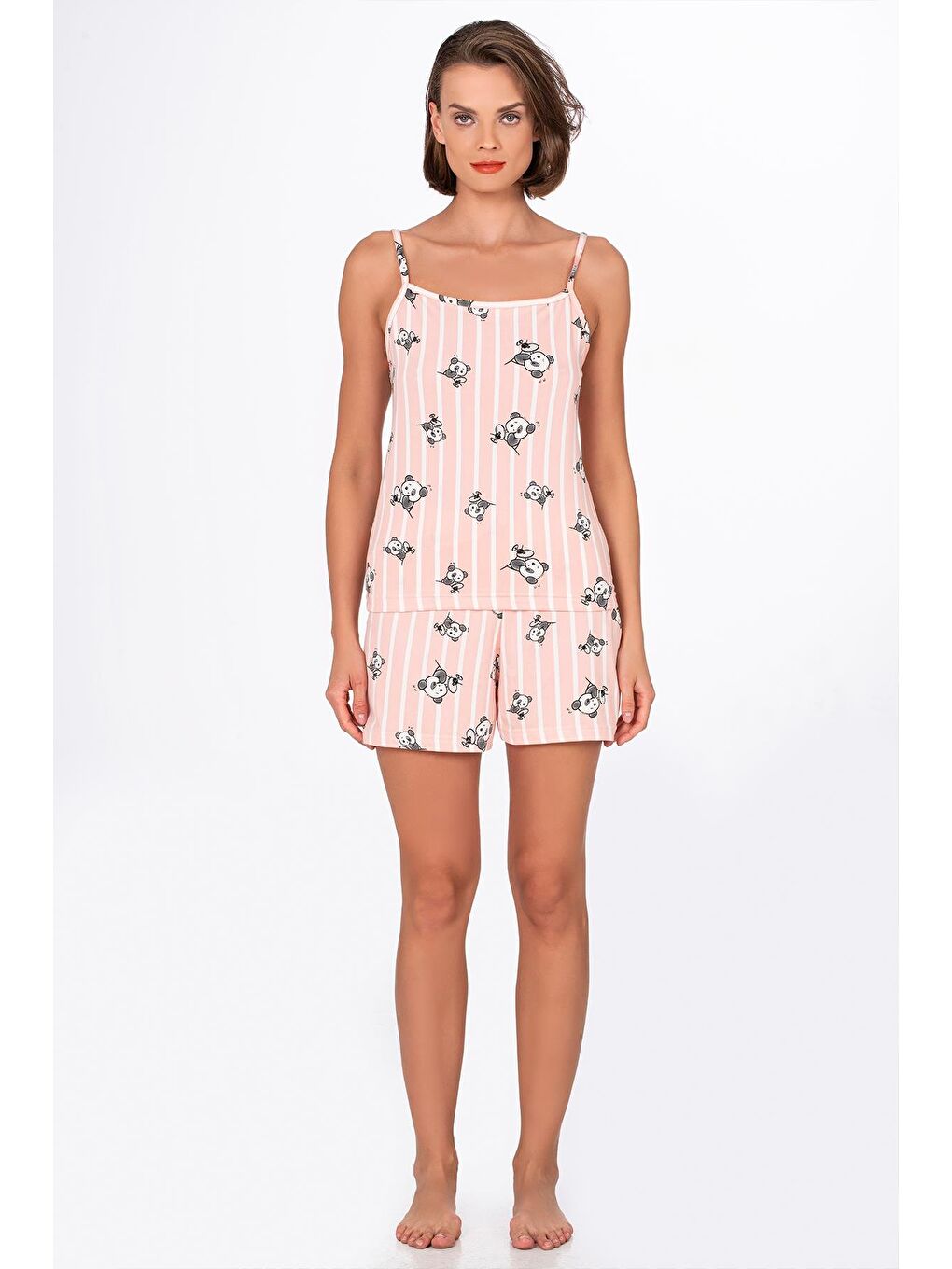 Pembe Kadın Panda Desenli İp Askılı Şortlu Pijama Takımı