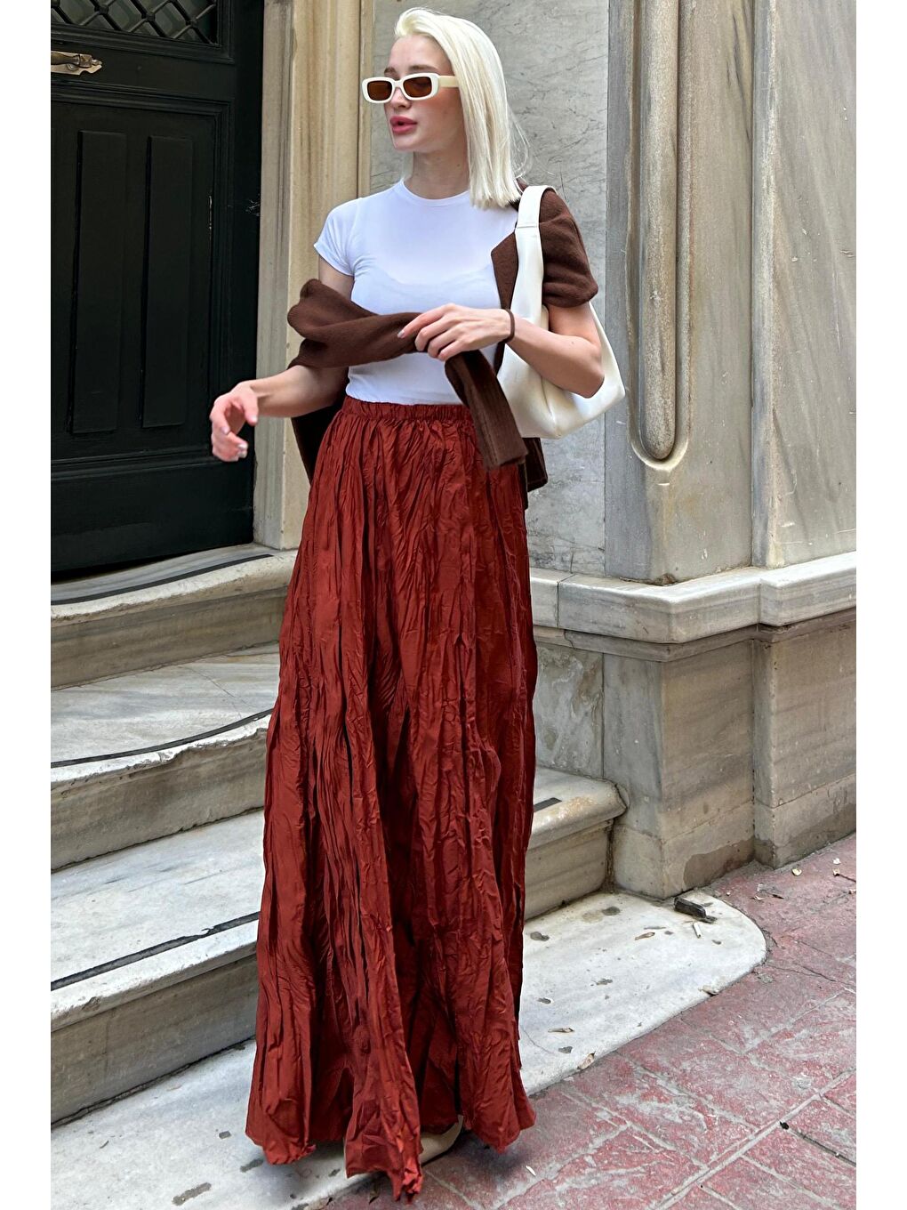 Bordo Beli Lastikli Buruşuk Mikro Uzun Kadın Etek Mg2155-3