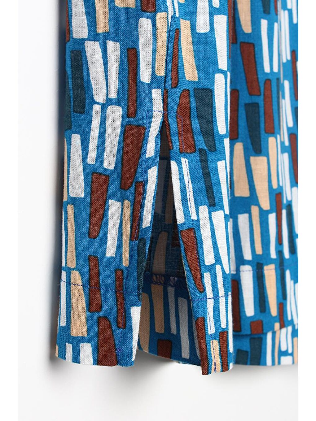 Koyu Mavi-Ekru-Baskılı Paçası Yırtmaçlı Beli Lastikli Wide Leg Viskon Keten Pantolon-5