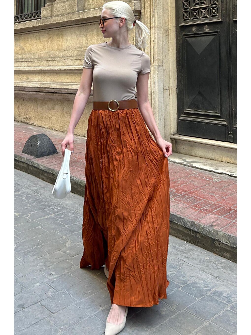 Kahverengi Kiremit Beli Lastikli Buruşuk Mikro Uzun Kadın Etek Mg2155-1