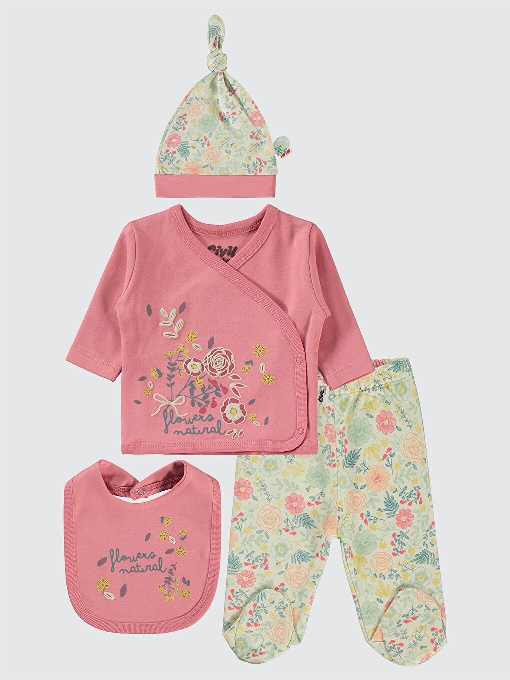 Civil Pembe Baby Kız Bebek 4'lü Zıbın Takımları Gül