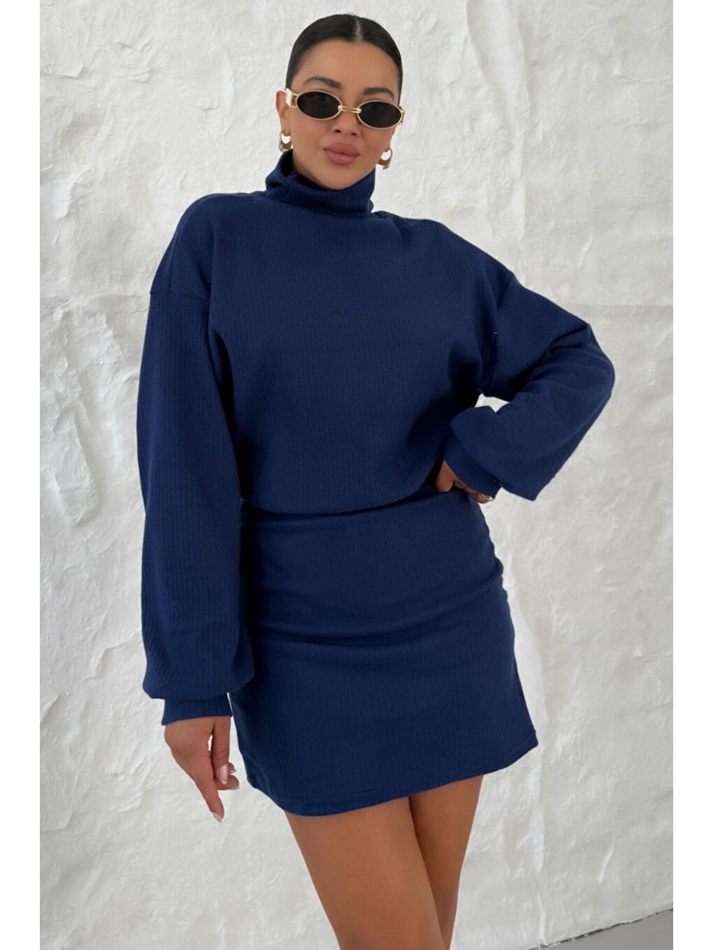 Kadın Lacivert Boğazlı Bel Lastikli İnterlok Mini Elbise