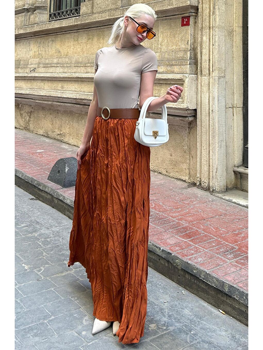 Kahverengi Kiremit Beli Lastikli Buruşuk Mikro Uzun Kadın Etek Mg2155-2