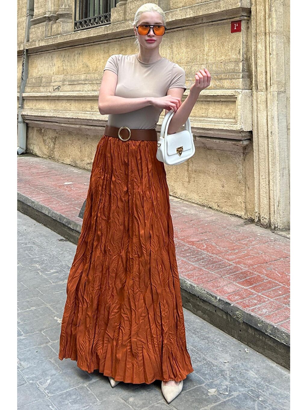 Kahverengi Kiremit Beli Lastikli Buruşuk Mikro Uzun Kadın Etek Mg2155-3