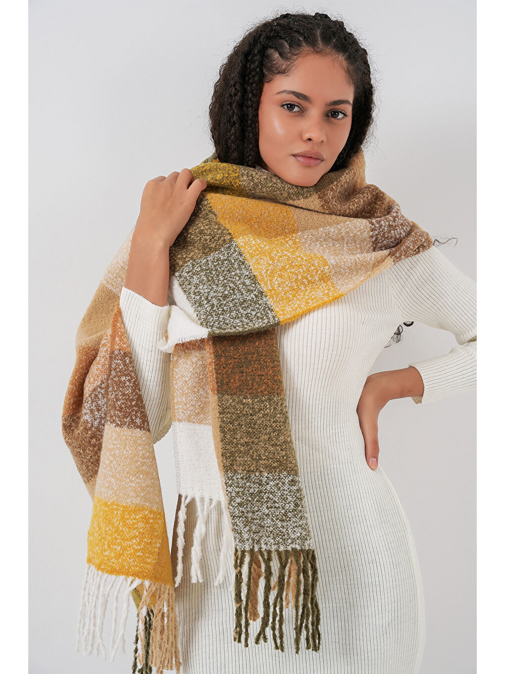 Sarı Kadın Yumuşak Dokulu Kalın Şal Atkı 15951 - Hardal-1