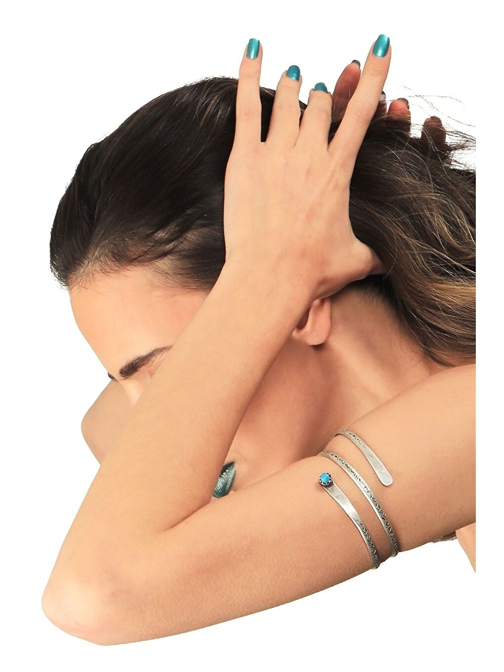 Gri Kadın Antik Gümüş Kaplama Çift Dolama Model Turkuaz Taşlı Ayarlanabilir Açık Band El Yapımı Bileklik-1