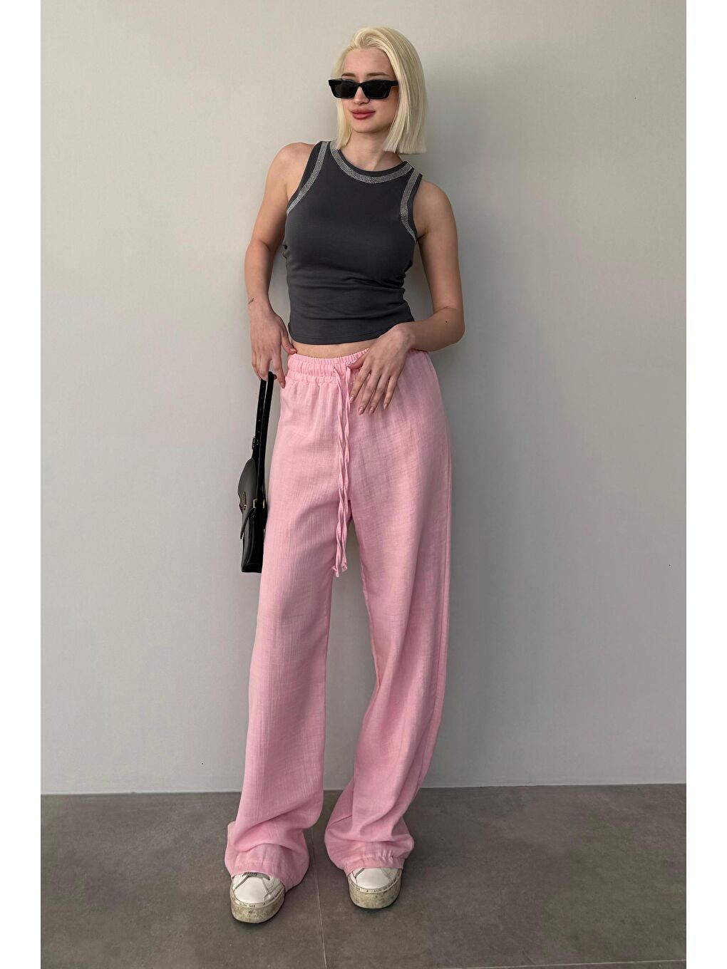 Pembe Bol Paça Müslin Kadın Pantolon Mg1980-1