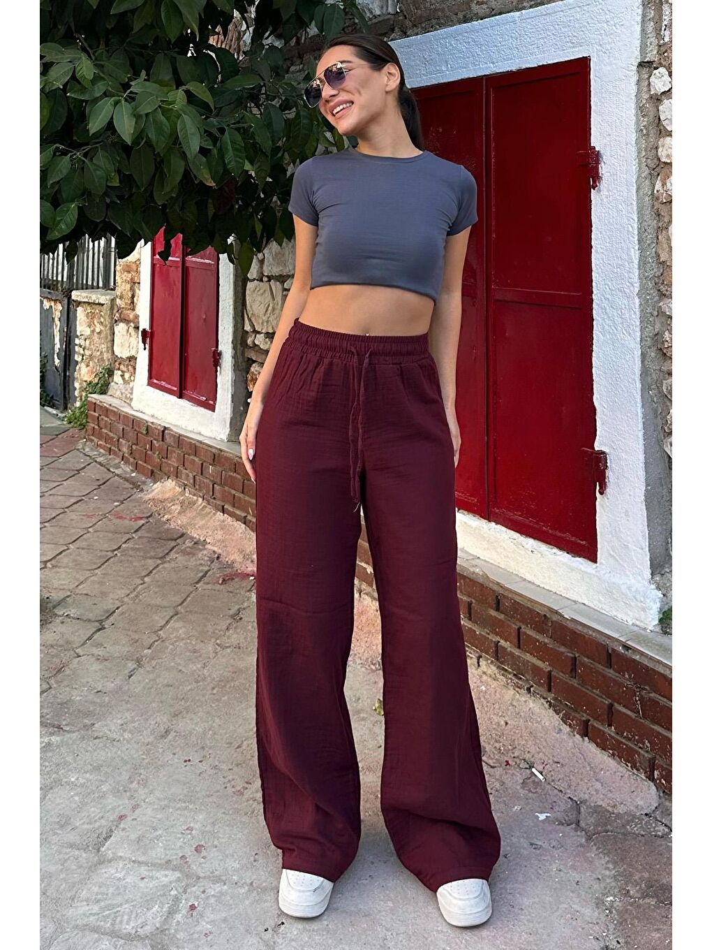 Bordo Bol Paça Müslin Kadın Pantolon Mg1980-6