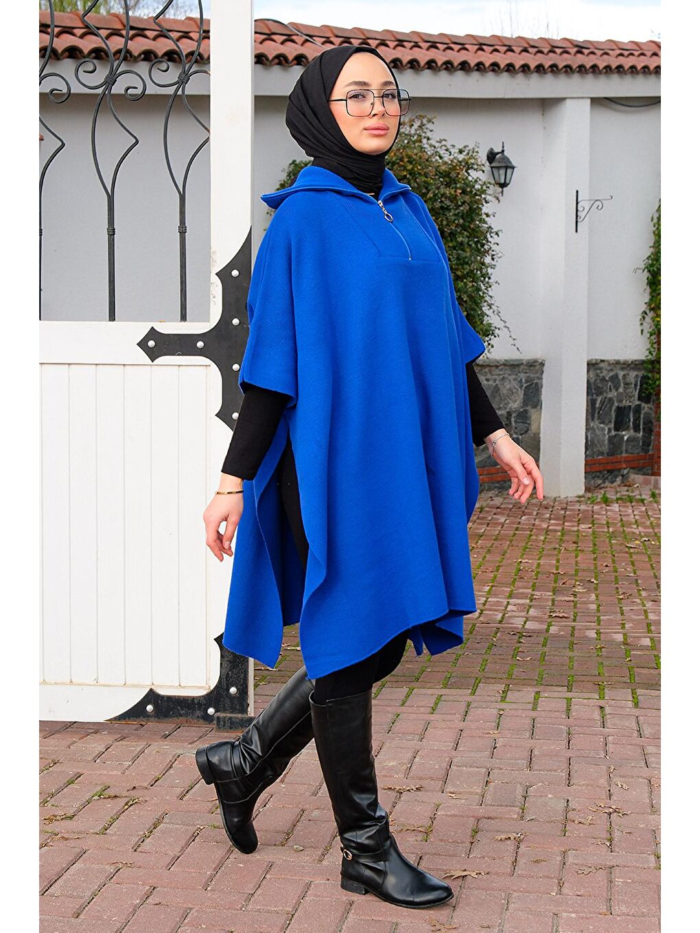 Önü Fermuarlı Panço Saks Mavi-2