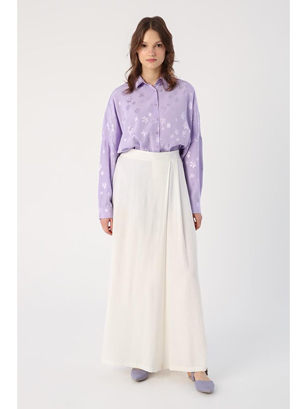 Kırık Beyaz-Beli Lastikli Önü Pileli Bol Paça Pantolon-1