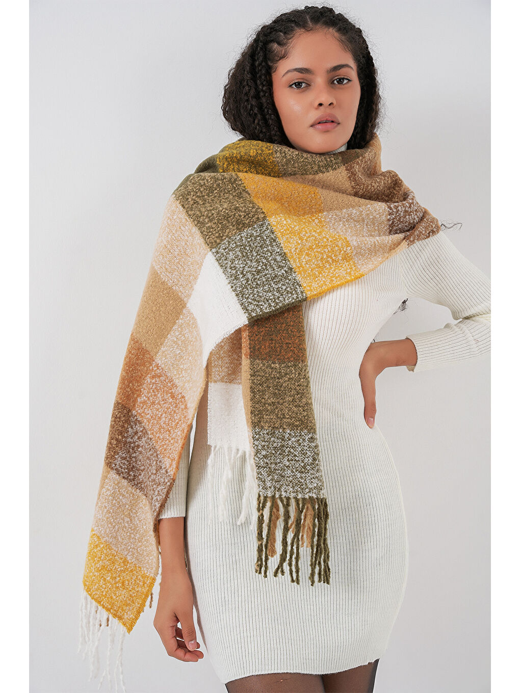 Sarı Kadın Yumuşak Dokulu Kalın Şal Atkı 15951 - Hardal-2