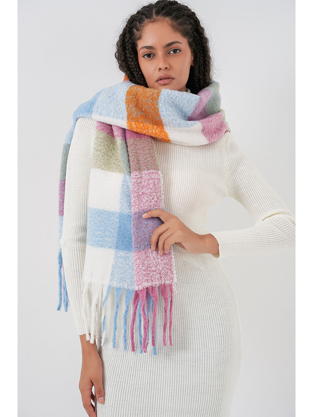 Pembe Kadın Yumuşak Dokulu Kalın Şal Atkı 15951 - Pudra-1