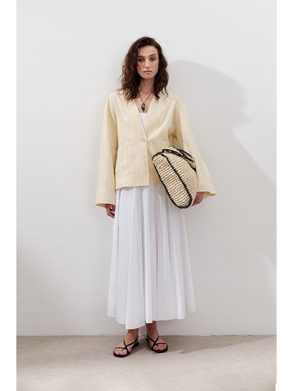 Keten Tek Düğmeli Bluz Sarı-1