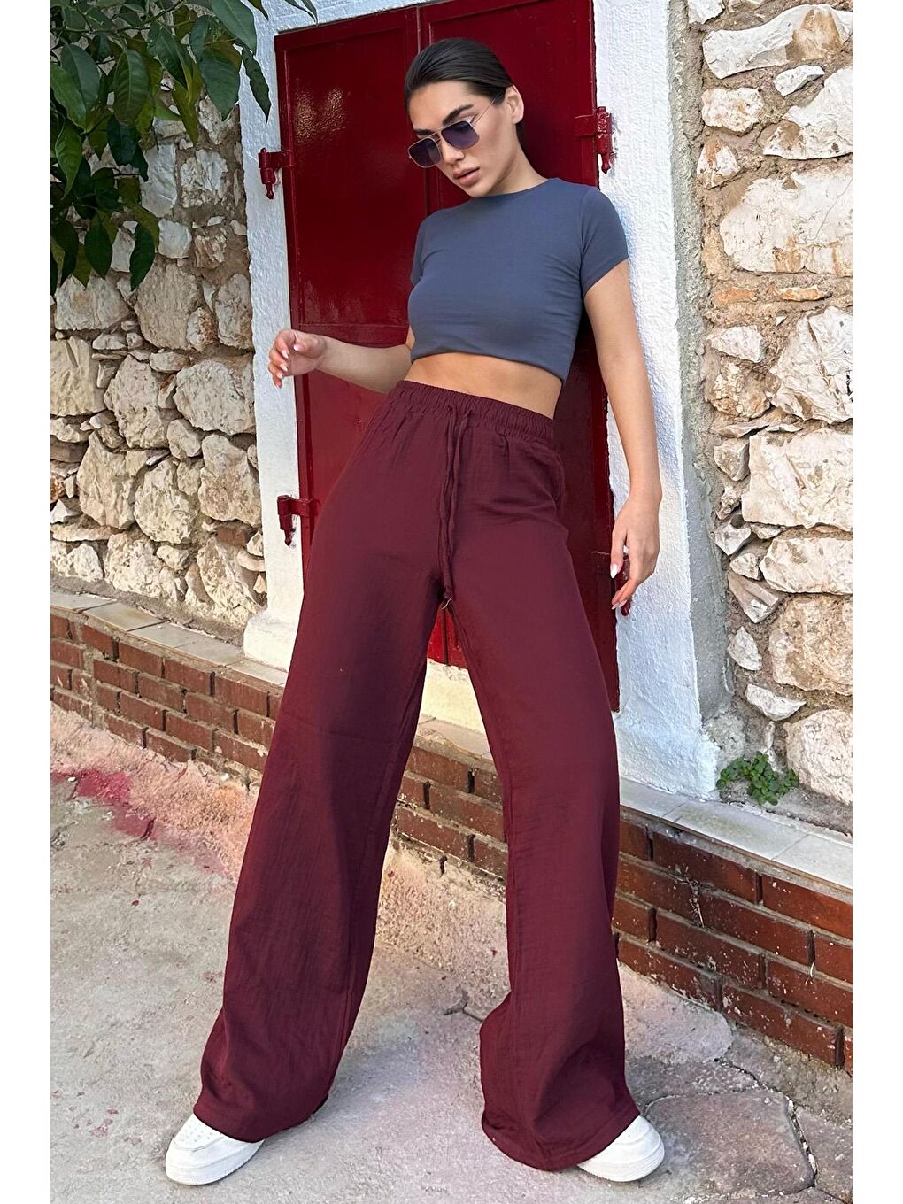 Bordo Bol Paça Müslin Kadın Pantolon Mg1980-7