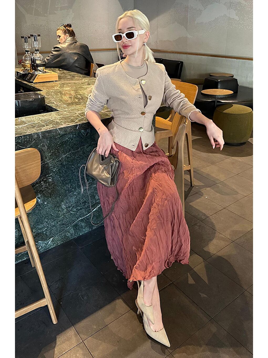 Kahverengi Kiremit Kırışık Desen Midi Boy Kadın Etek Mg2266-1