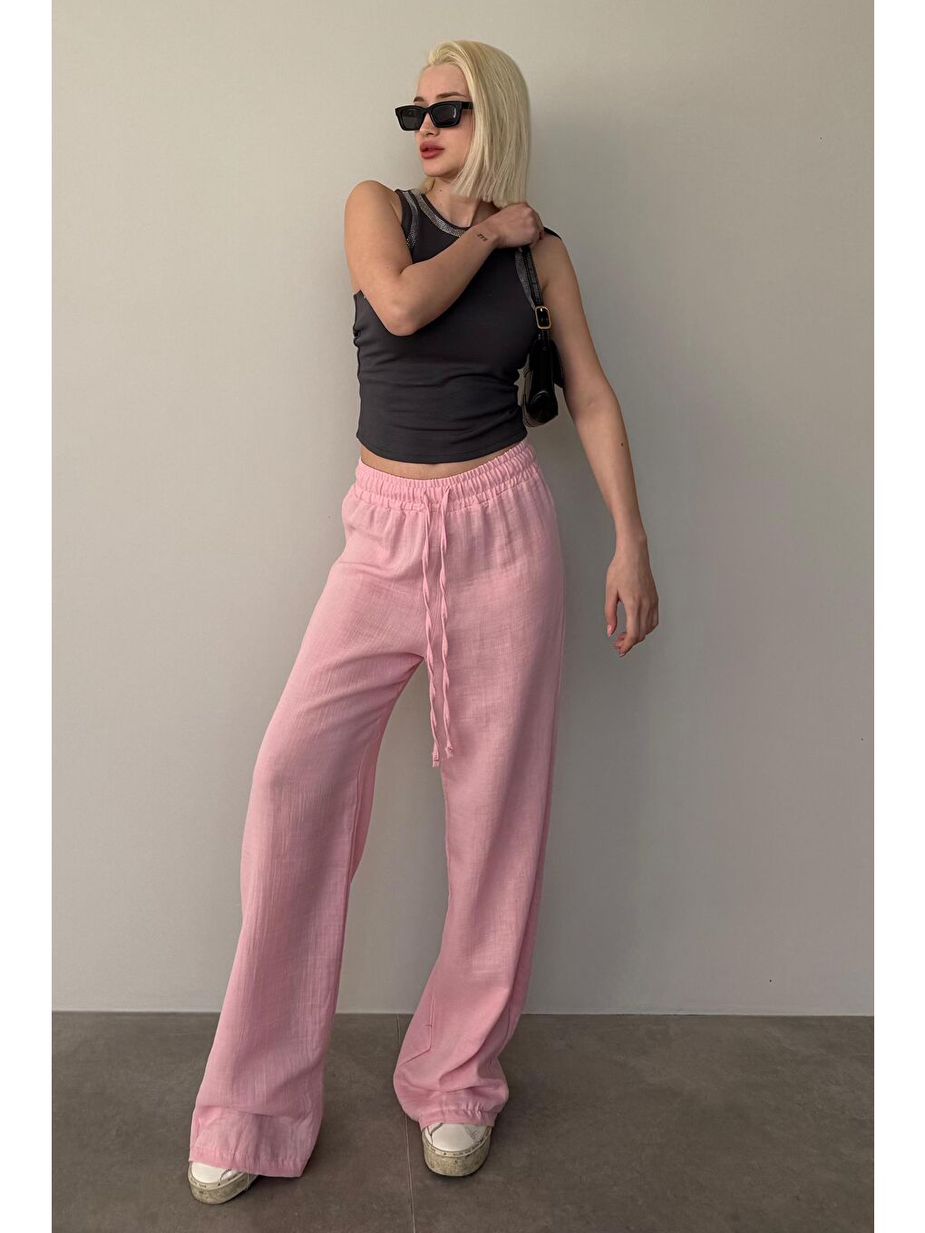 Pembe Bol Paça Müslin Kadın Pantolon Mg1980-2