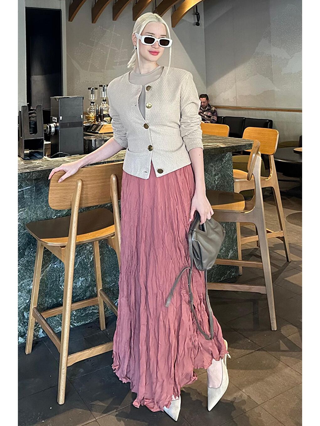 Kahverengi Kiremit Kırışık Desen Midi Boy Kadın Etek Mg2266-2