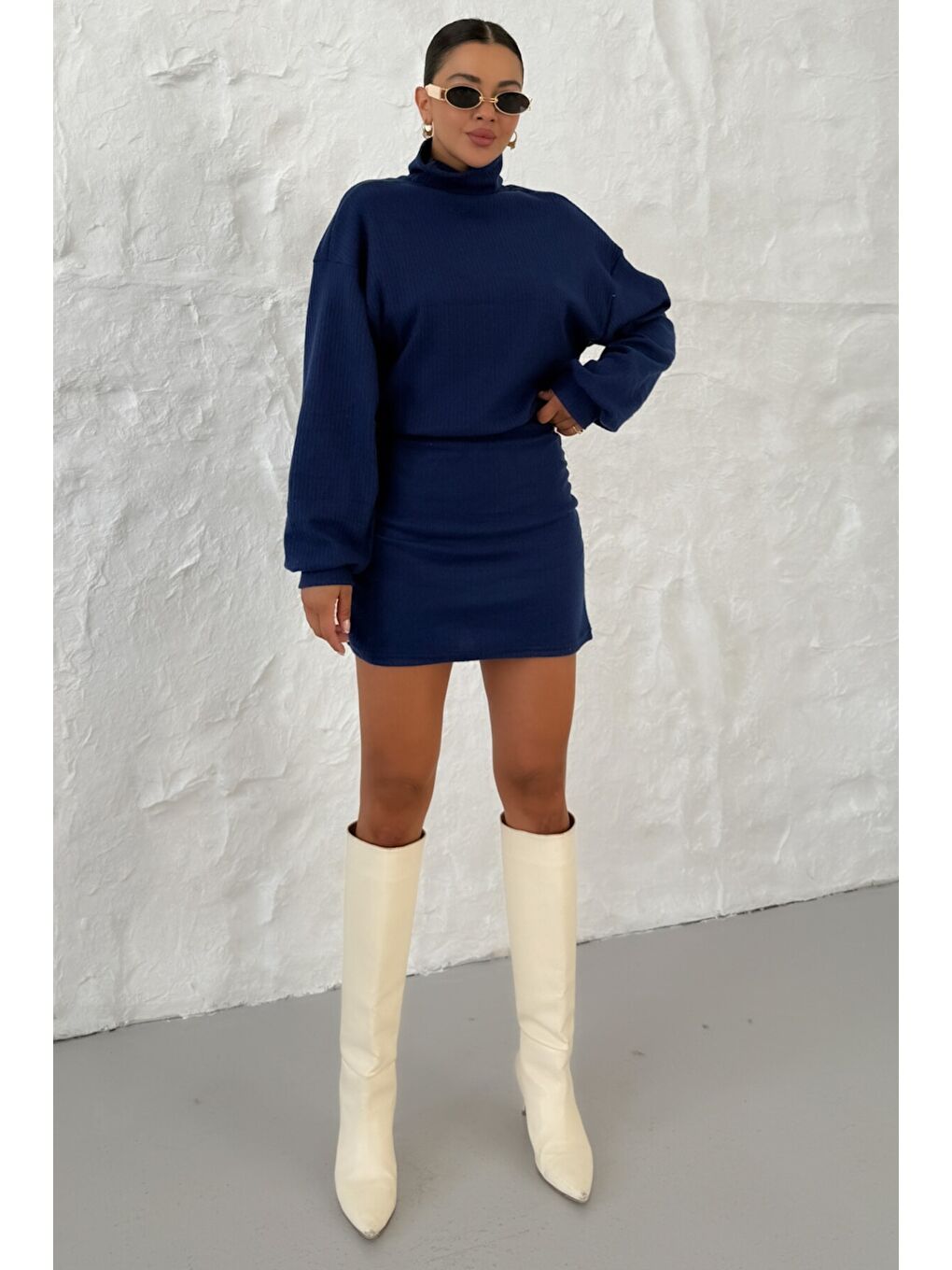 Kadın Lacivert Boğazlı Bel Lastikli İnterlok Mini Elbise-1