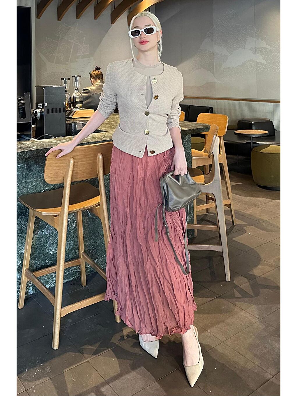 Kahverengi Kiremit Kırışık Desen Midi Boy Kadın Etek Mg2266-3