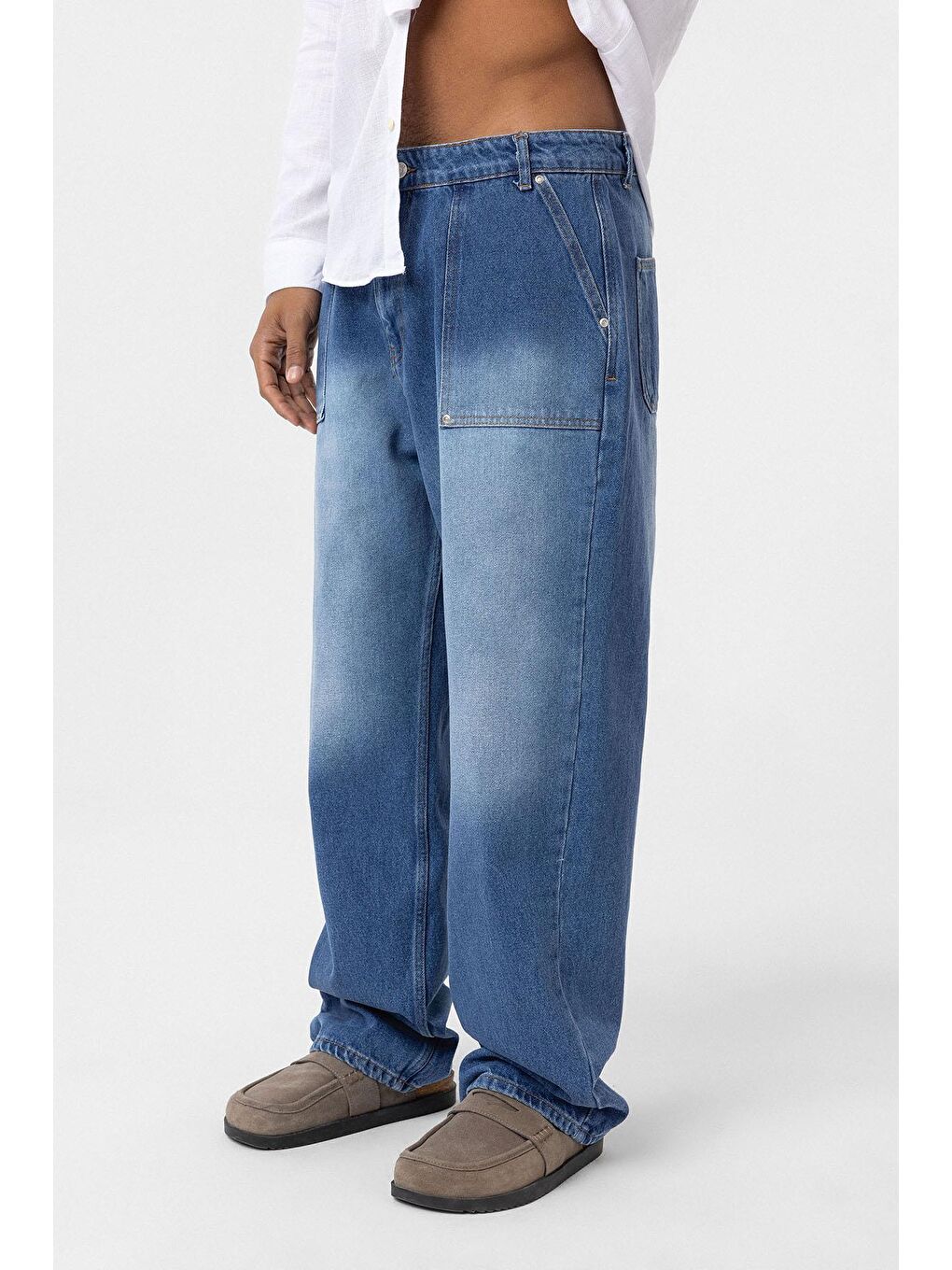 Cep Detaylı Baggy Fit Jean Mavi-1