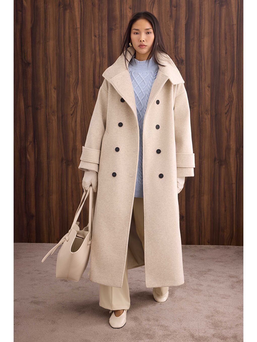 Funnel Neck Uzun Kaban Bej