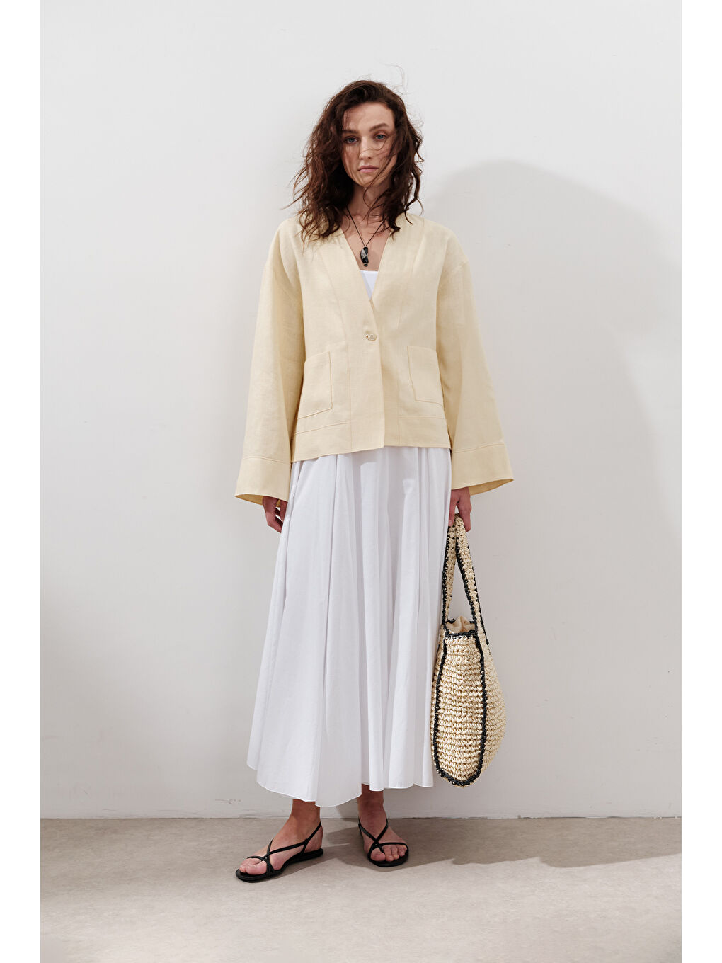 Keten Tek Düğmeli Bluz Sarı-2