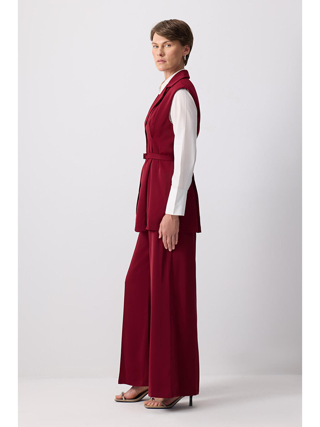 Bordo Pileli Kruvaze Yelek Pantolon Takım-7