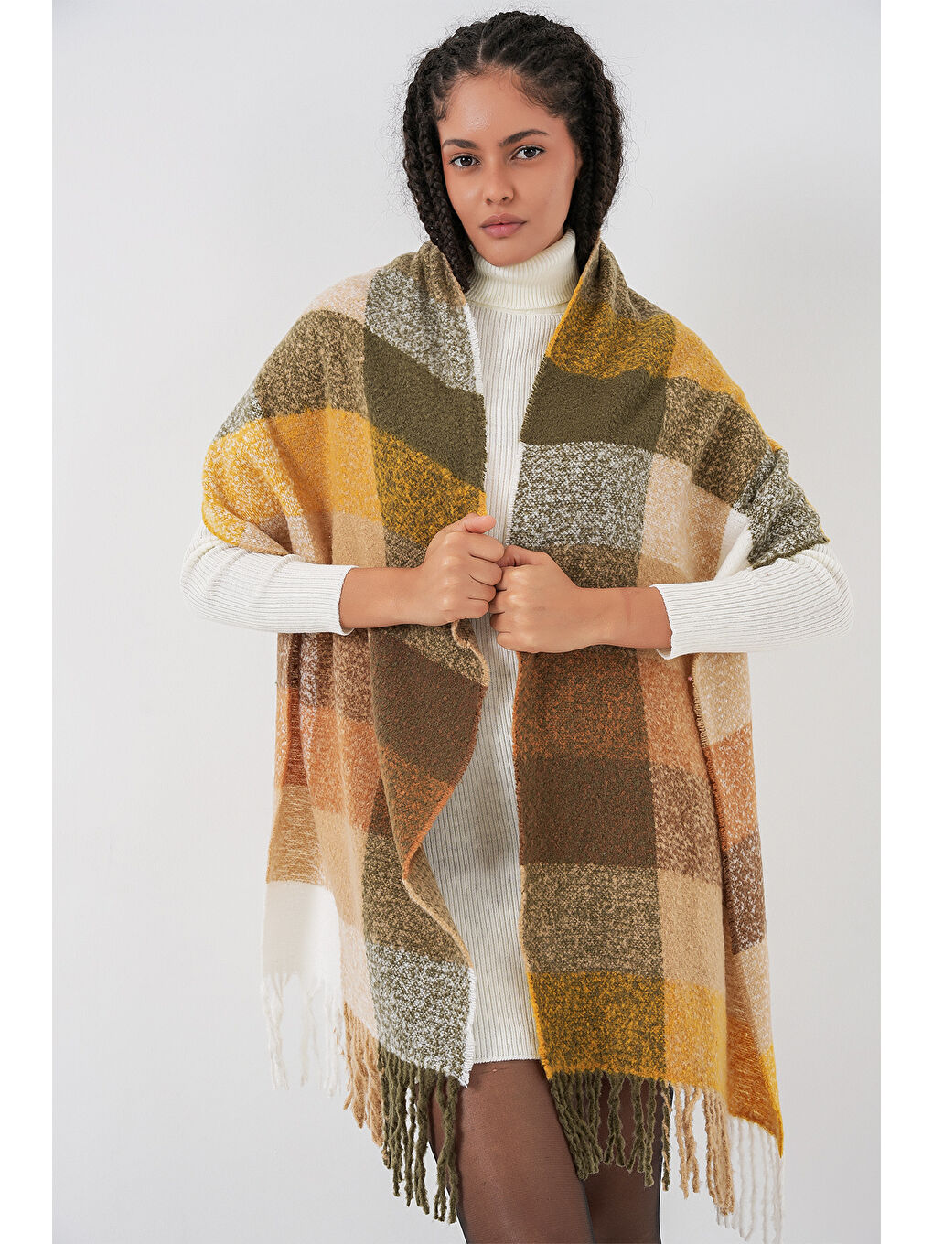 Sarı Kadın Yumuşak Dokulu Kalın Şal Atkı 15951 - Hardal-3