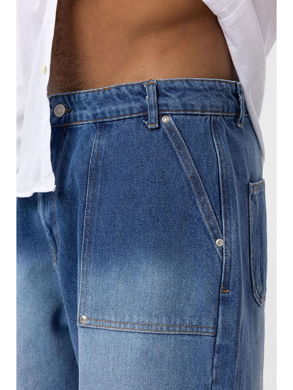 Cep Detaylı Baggy Fit Jean Mavi-2