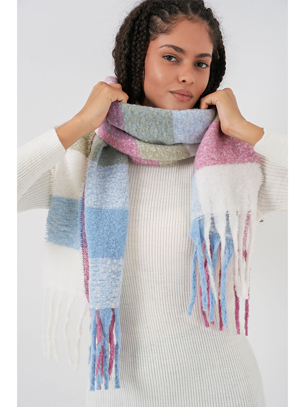 Pembe Kadın Yumuşak Dokulu Kalın Şal Atkı 15951 - Pudra-2