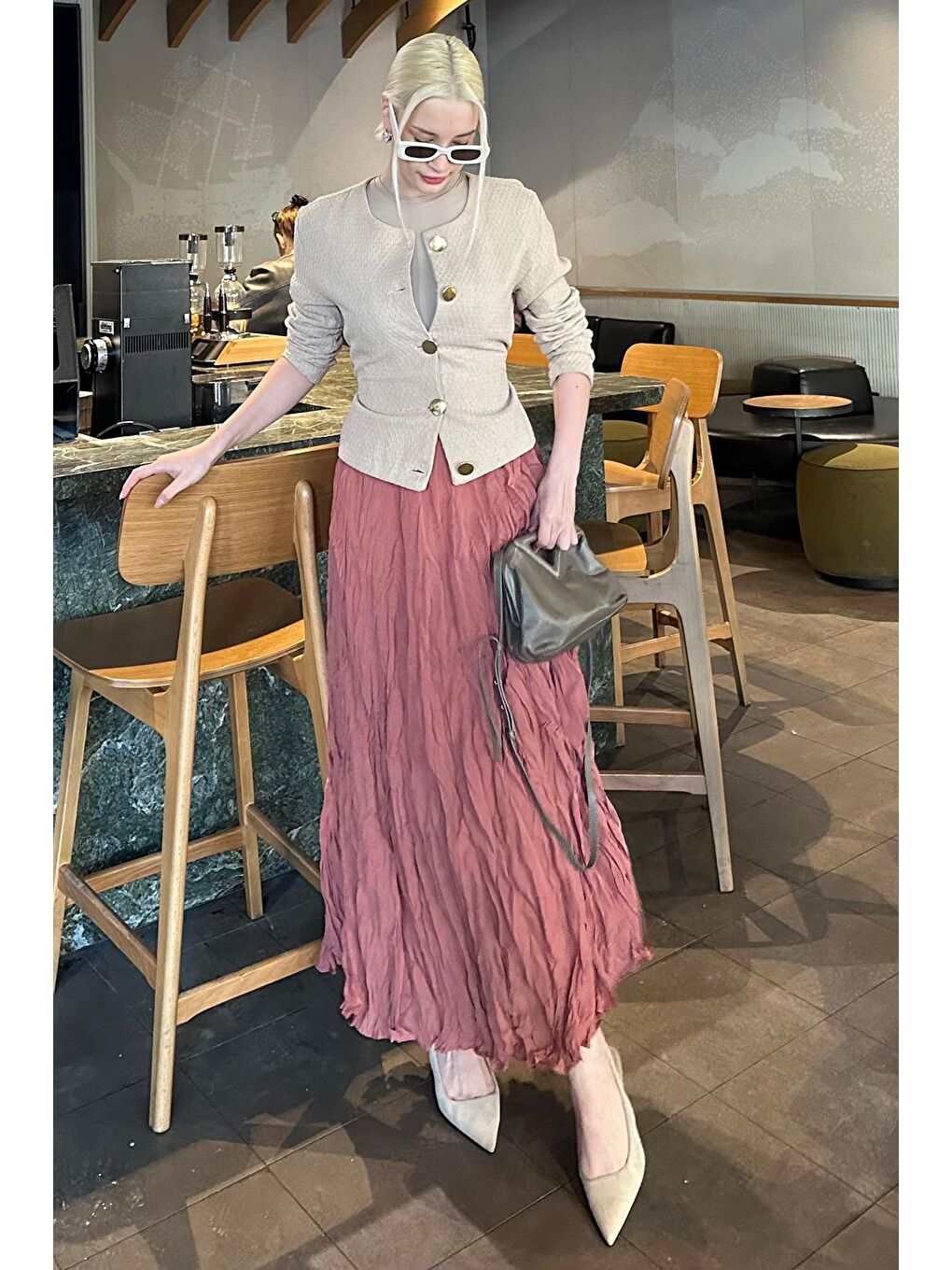 Kahverengi Kiremit Kırışık Desen Midi Boy Kadın Etek Mg2266-4